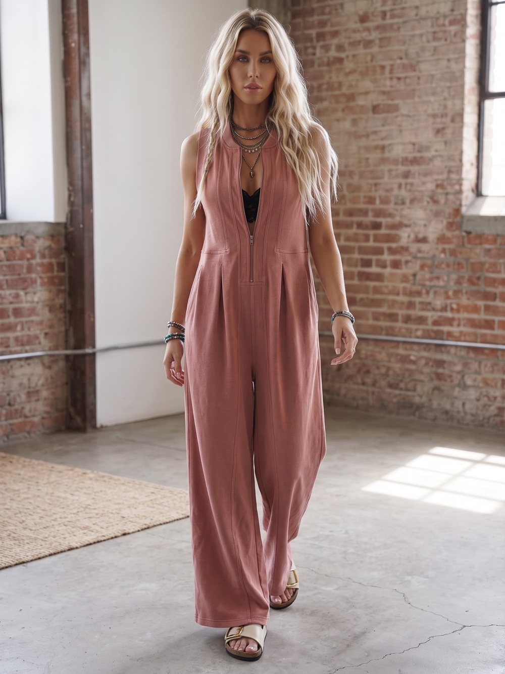 NWT Eesome Mineral Washed Zipper Front Jumpsuit Jumper Raspberry